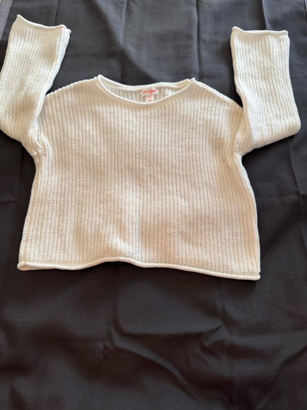 Cat & Jack Girls Ivory Ribbed Knit Cropped Sweater Size 6/7 Crewneck